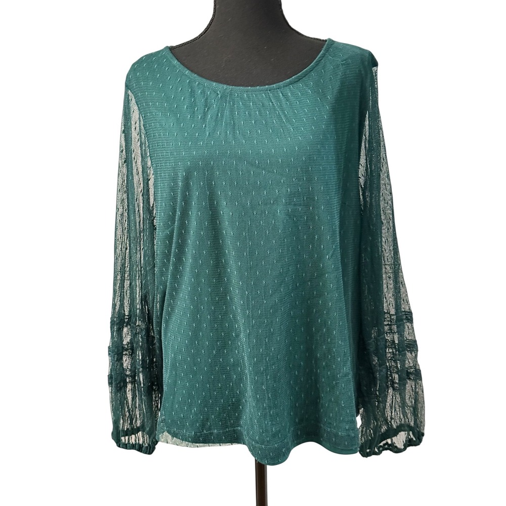 Ava & Viv Womens 1X Emerald Green Mesh Lace Sleeve Point Desprit Blouse Top
